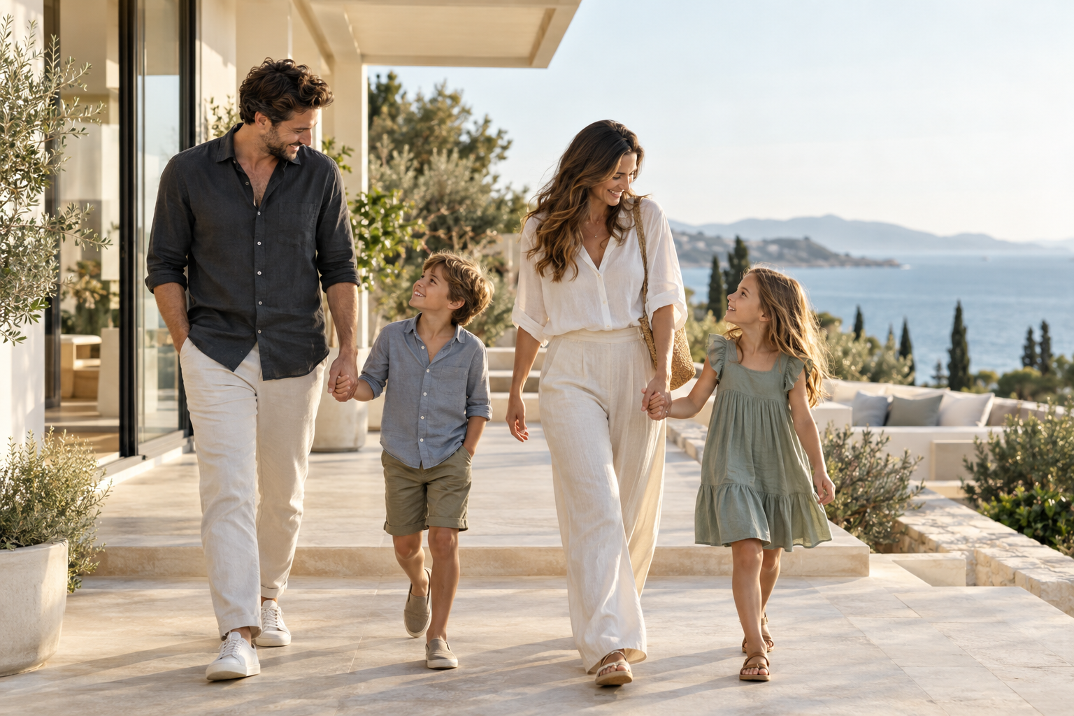 A young family sharing time together outside a bright contemporary home