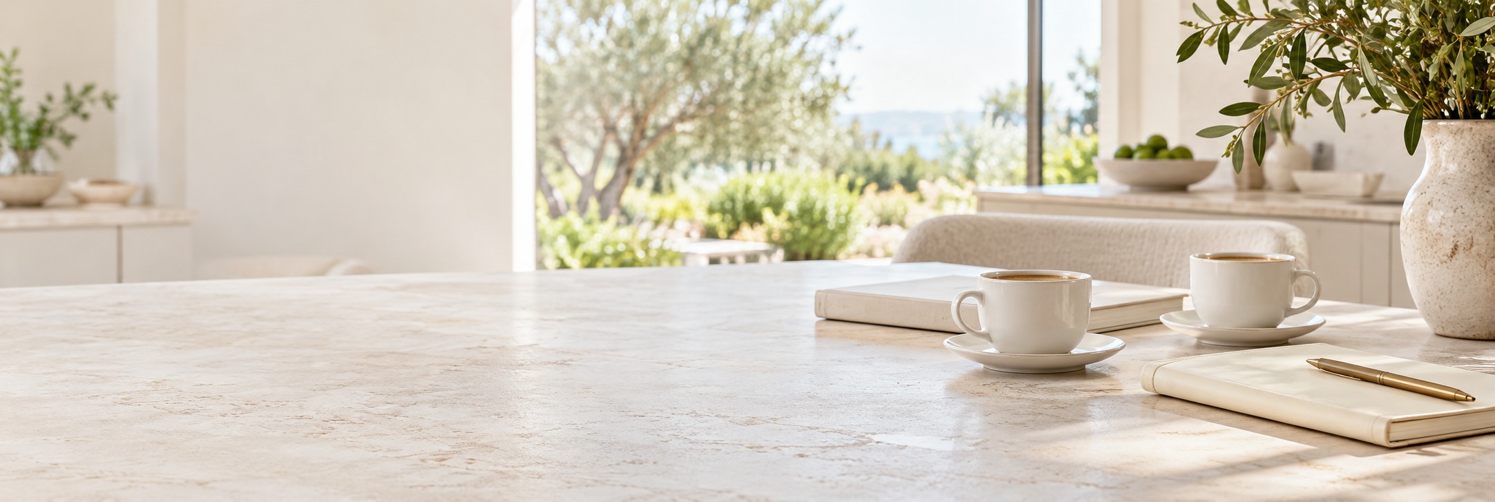 Daylit kitchen with a pale stone table, coffee cups, and books